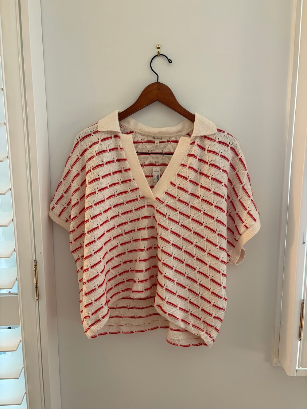 Madewell Cream & Red Knit Polo-Style Short Sleeve Top